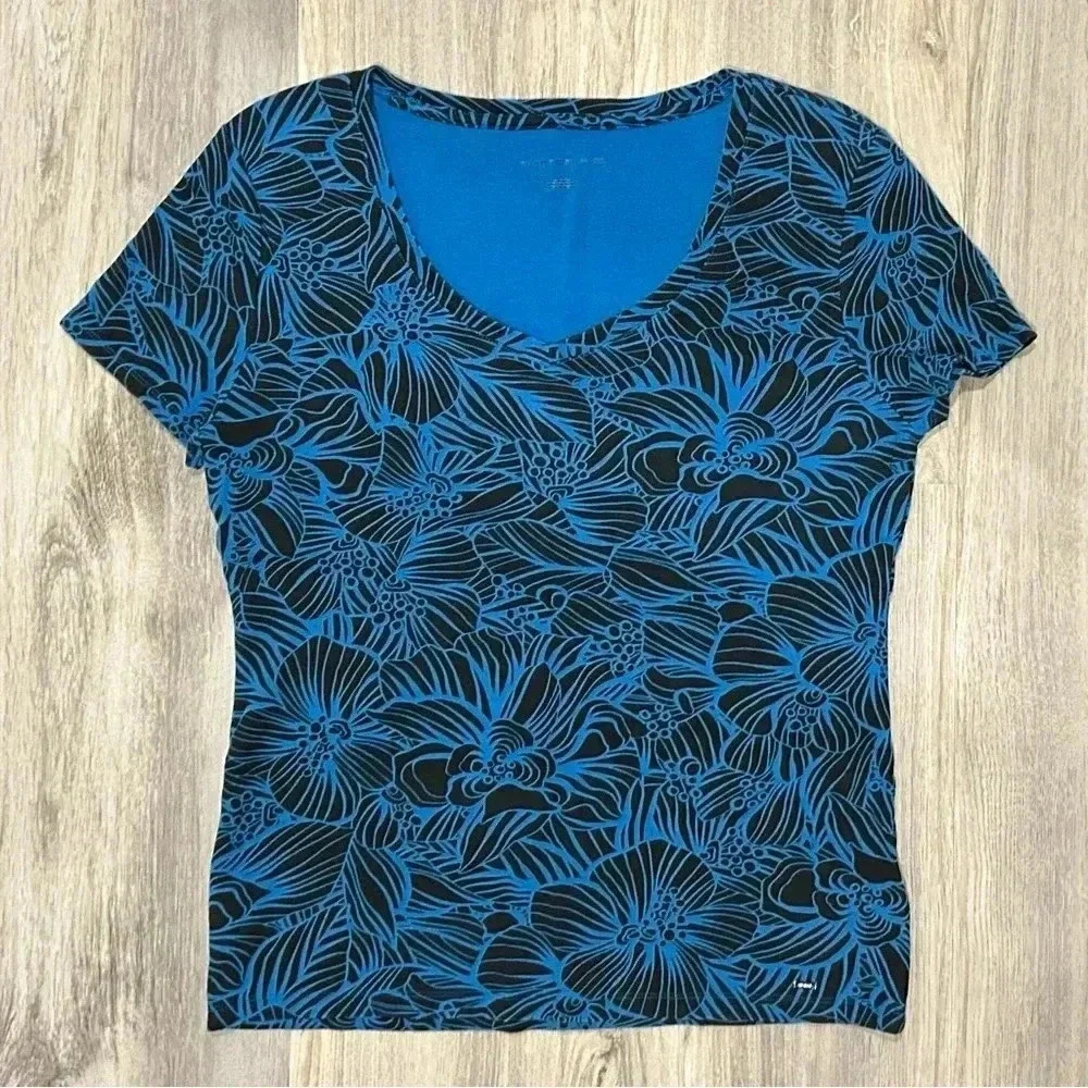 Tommy Hilfiger Blue Black Floral Short Sleeve Cotton T-shirt V Neck Size L